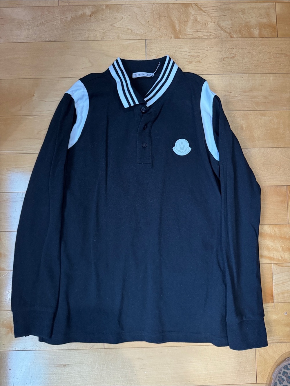 Moncler Black Long-Sleeve Polo with White Trim and Badge